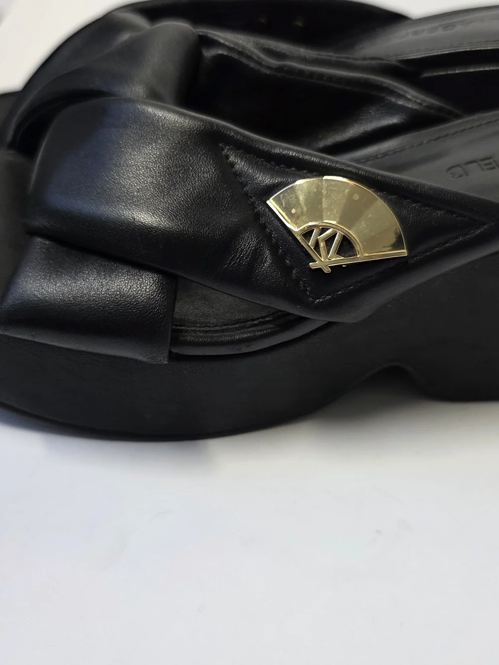 Karl Lagerfeld Black Platform Slide Wedges with Gold Fan Detail